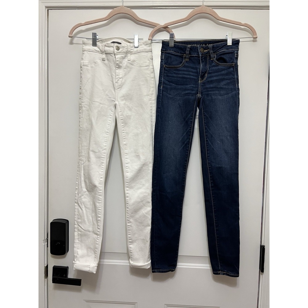 Lot Of 2 American Eagle Skinny Jeans Womens 000‎ White Blue Stretch Denim
